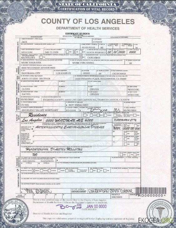 Modèle de certificat de décès du comté de Los Angeles aux États Unis au format PSD